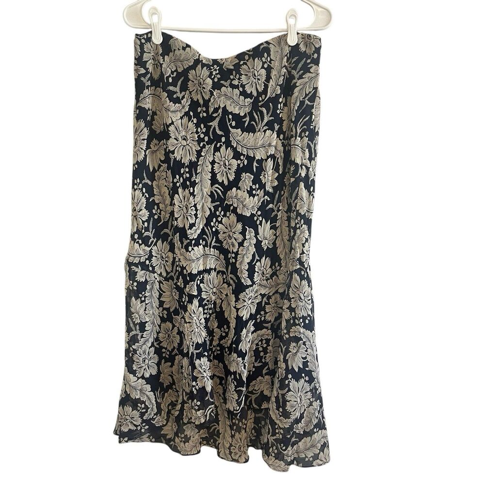 Lauren Ralph Lauren High Low Skirt 100% Silk Floral Blue Tan Women 12